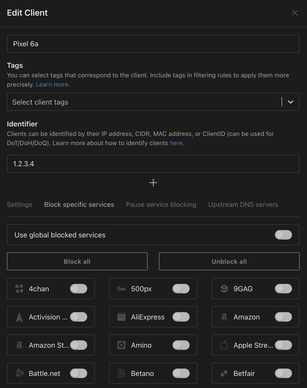 edit a persistent client in AdGuard Home web interface